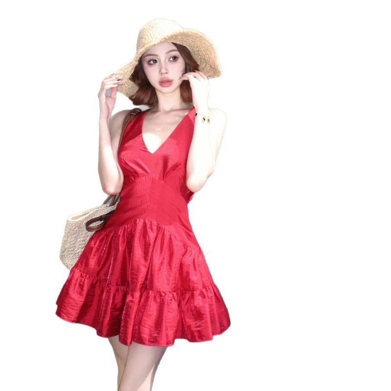 French Sexy Red Collar Neck Dress Women's Seaside Vacation Beautiful Backless Beach Skirt Summer
