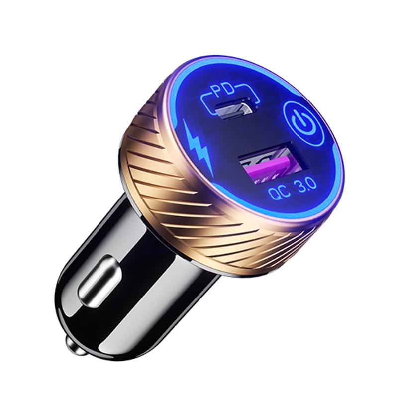 Universal QC3.0 USB Dual Port USB C Type C PD Car Adapter Fast Car Charger with for Touch Power Switch LED Backlight