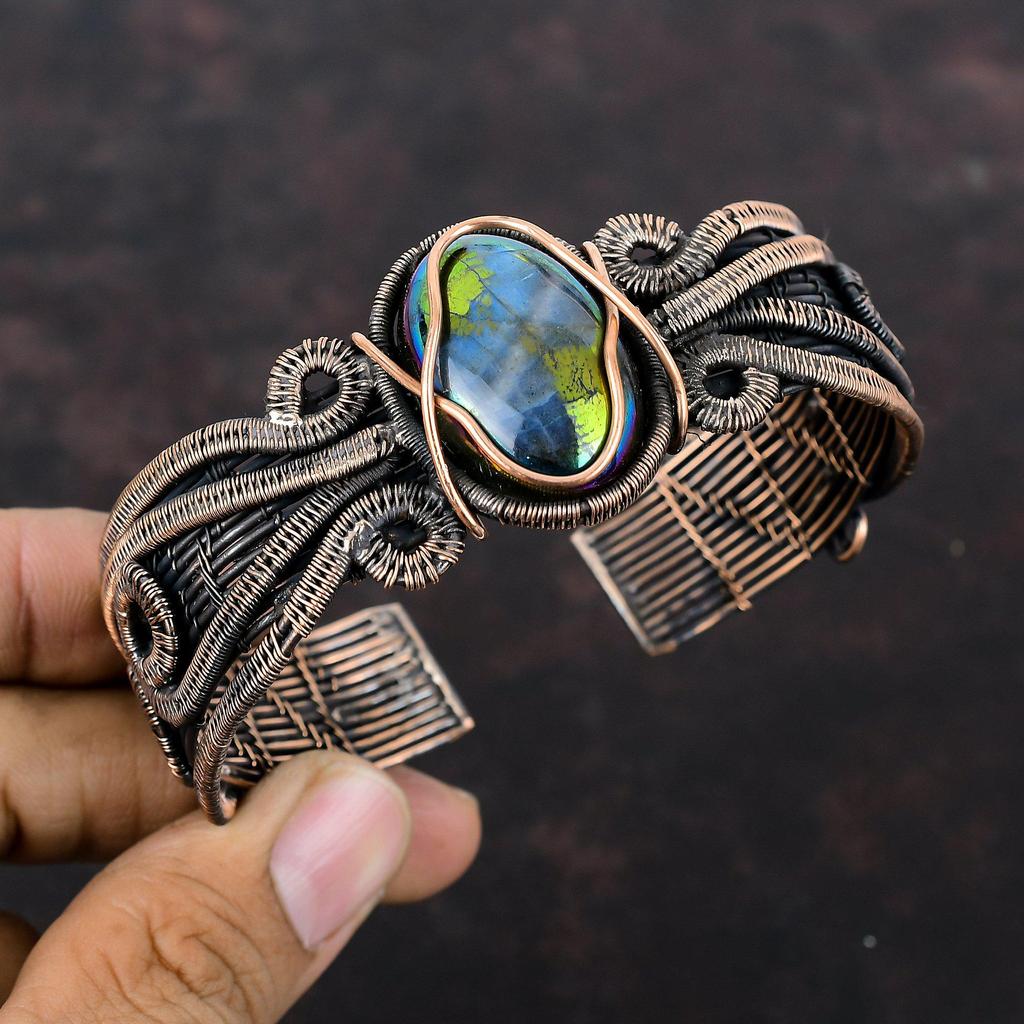Mystic Fire Labradorite Cuff Bracelet Copper Wire Wrapped Bangle Adjustable Cuff Handmade Jewelry Gemstone Bangle Copper Jewelry For Gift