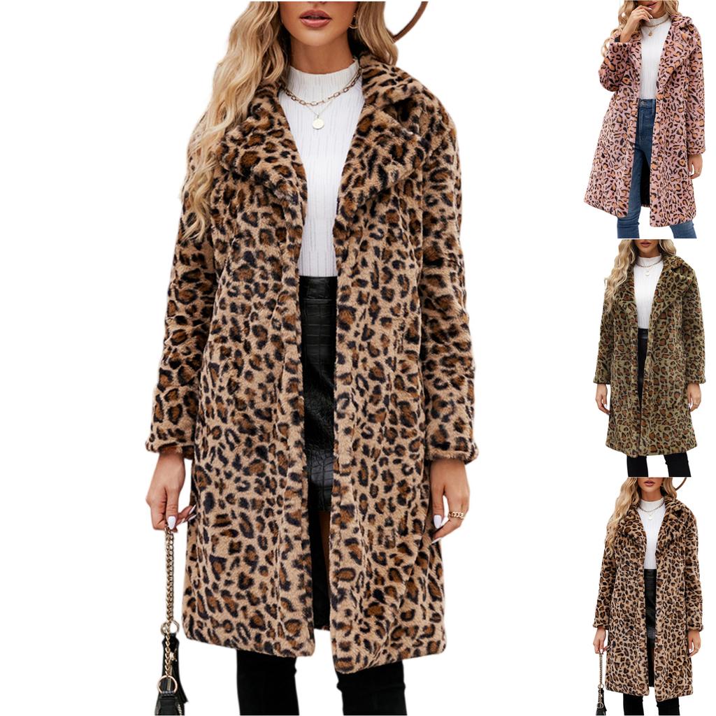Damen Wintermode Lässiger Revers Leopardenmuster Plüsch Langer Mantel