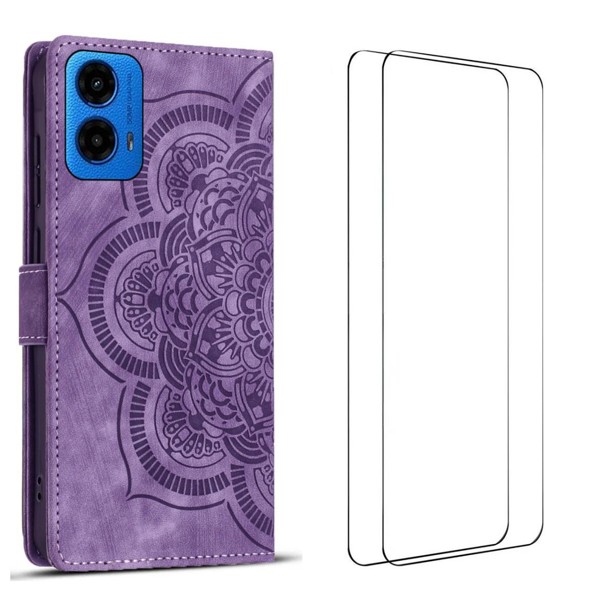

For Motorola Moto G34 5G Case with 2Pcs Tempered Glass WANLONFENG MTL Series Mandala Leather Phone Cover Purple