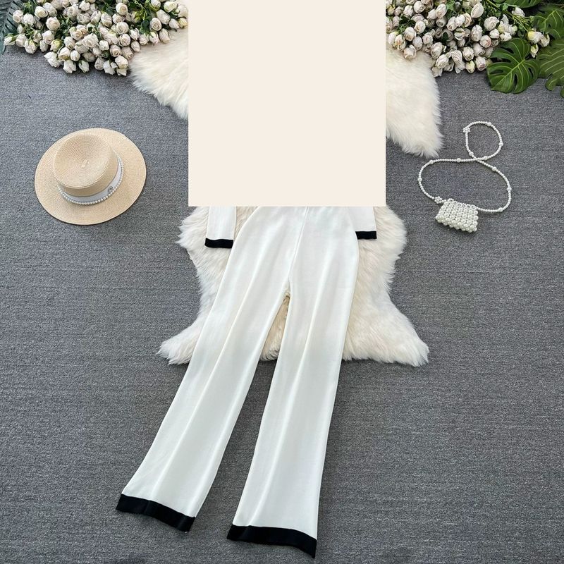 Fashion Suit K-style Long Sleeves Contrast Color Knitting Cardigan Coat Vest Three-Piece Set High Waist Slimming and Straight Loose Pants