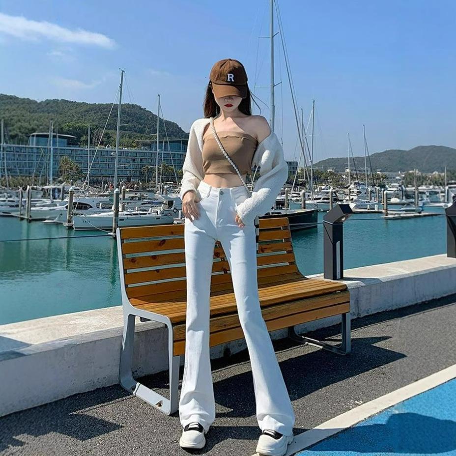 White Straight Jeans Women High Waist Elastic Slim Thin Small People Drag The Ground Horseshoe Flare Trousers Jeans for Women Long Denim Pants