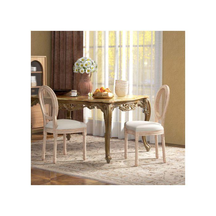 Dining Chairs - MUVOE - Set of 2 - Linen Fabric &; Rattan - Solid Wood Legs - Vintage Style