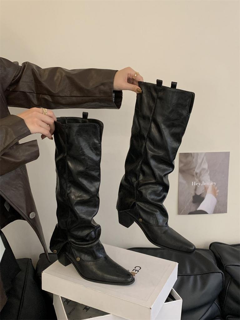 2025 Spice Girl Style Pointed Heel Thick Heel But Knee Boots Women's Fashion Temperament Pant Pants Boots Western Cowboy Knight Boots