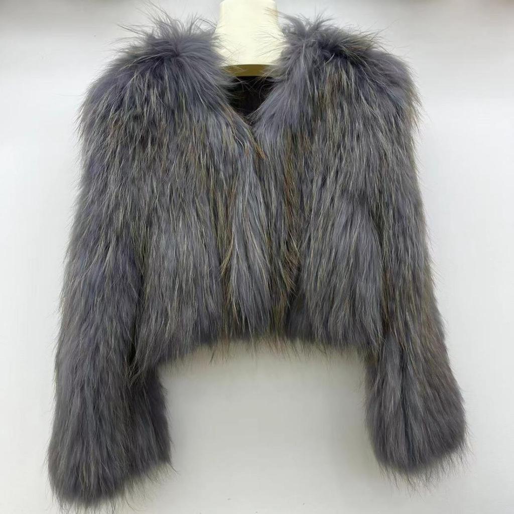 Real Raccoon Fur Braided Jacket Short Length 40cm Double-sided Encryption Slim Young Winter Tops Women's Coat