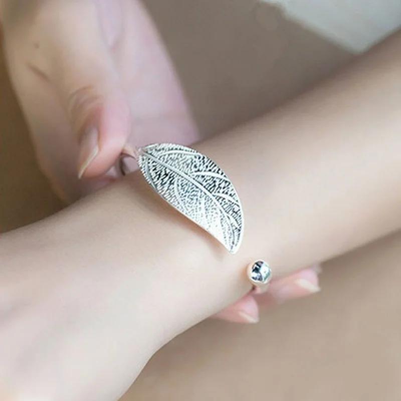 Charm Silver Color Plated Feather Leaf Dreamcatcher Bracelet Bangle Women Cuff Adjustable Copper Jewelry Gifts