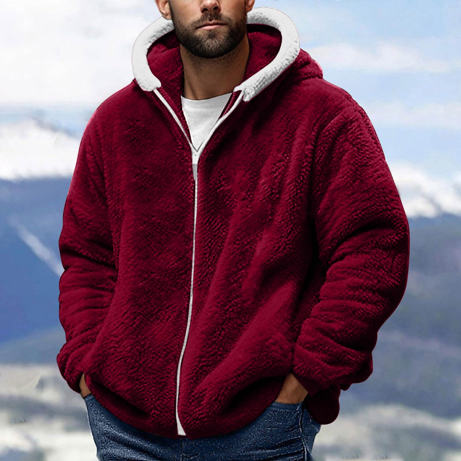 Men s Fashion Color Patchwork Sweatshirt Loose Double-sided Velvet Warm Jacket Zipper Outerwear S винный