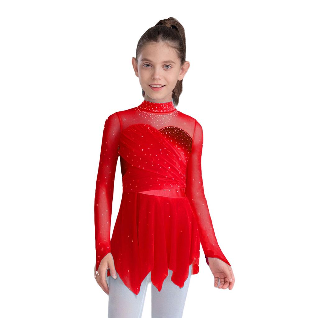 Kinder Mädchen Lyrisches Tanz Eiskunstlauf Kostüm Rollkragen Langarm Glitzernde Strasssteine Unregelmäßiger Saum Raffung Netz Kleid Tanzkleidung