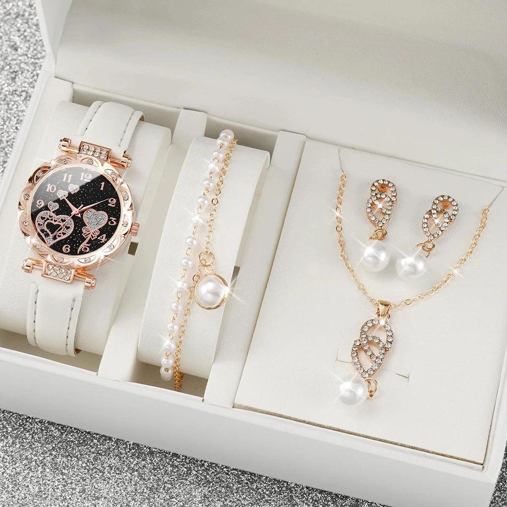 Elegant Crystal Heart Butterfly Bracelet & Leather Strap Quartz Watch with Pink Gemstone Set