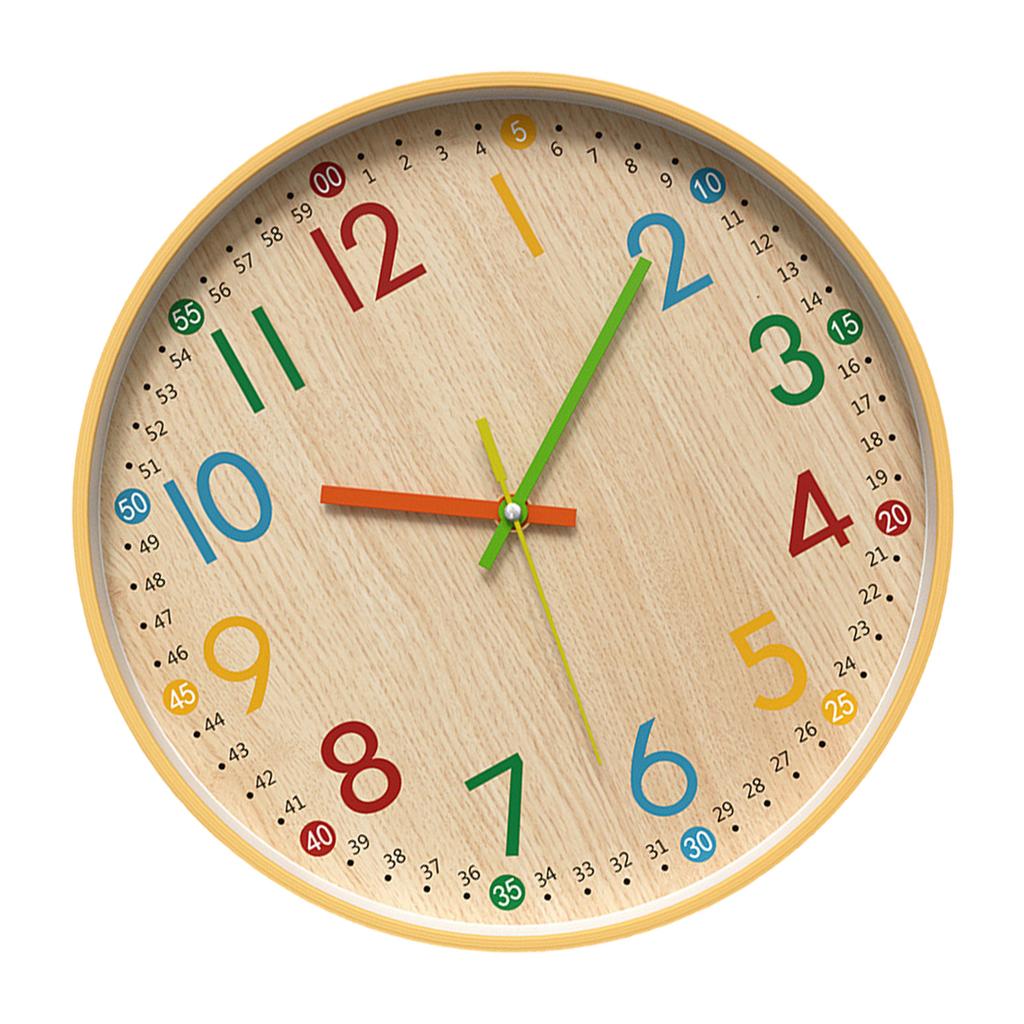 Easy To Read Colorful Numerals Wall Clock Quiet Operations Wood Grain Plastic Clock for Home Office Nursery Decoration