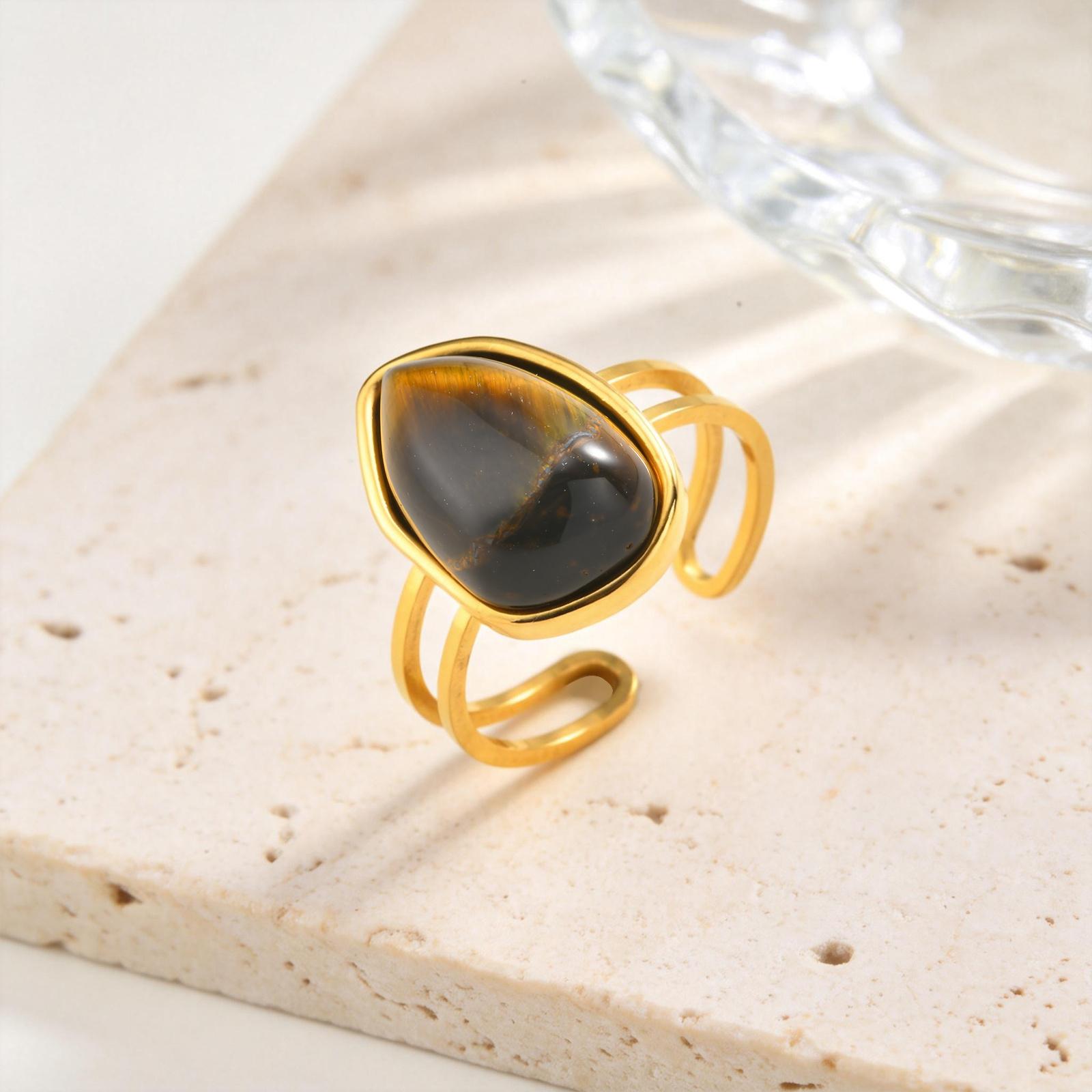 

Vnox Geometric Stainless Steel Natural Tiger s Eye Opening Double-layer Ring Lapis Lazuli Rings Maillard Style Jewelry No Fading