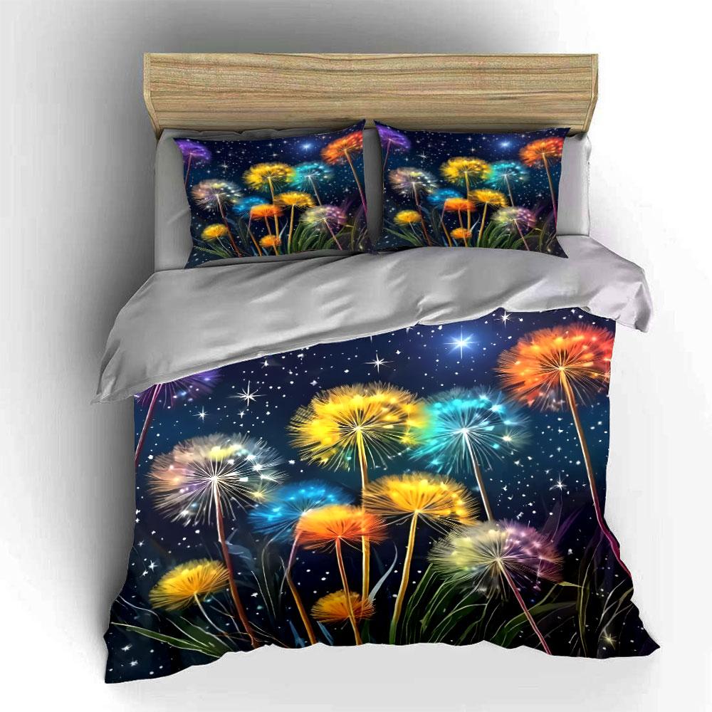 "Colorful Dandelion Starry Night Decor" Bedding Set with 1 Duvet Cover 2 Pillowcases Single Double King Queen, Gift