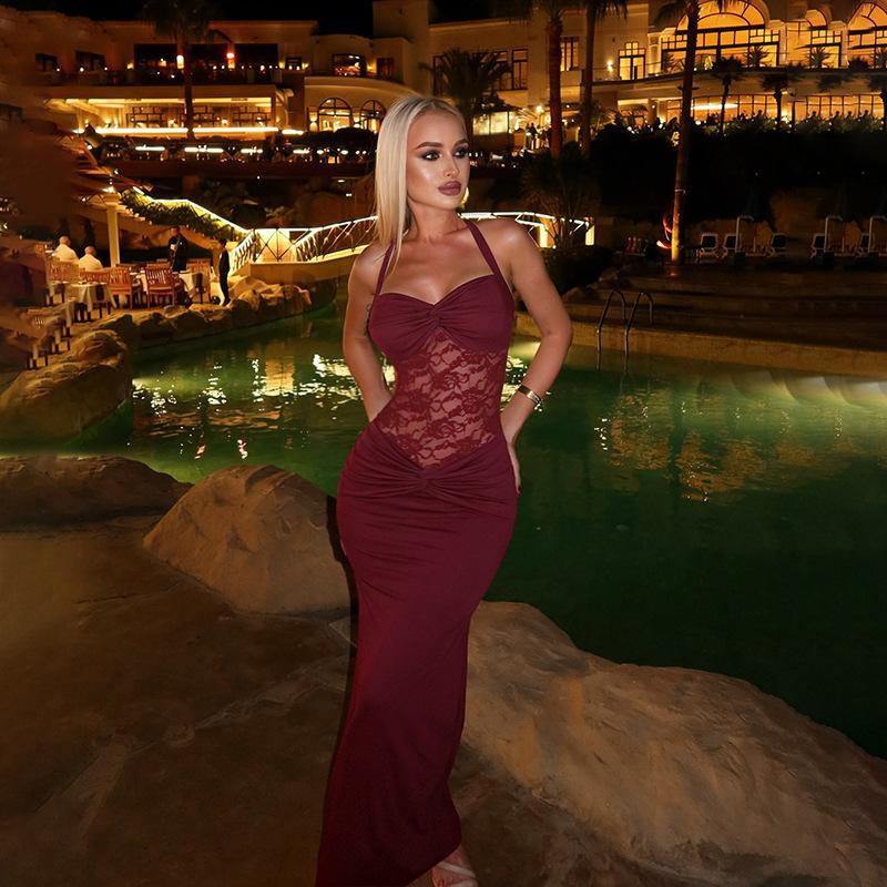 2026 Neck Sexy Slim Fit Solid Color Lace Splicing Sleeveless Tight Hip Wrap Dress