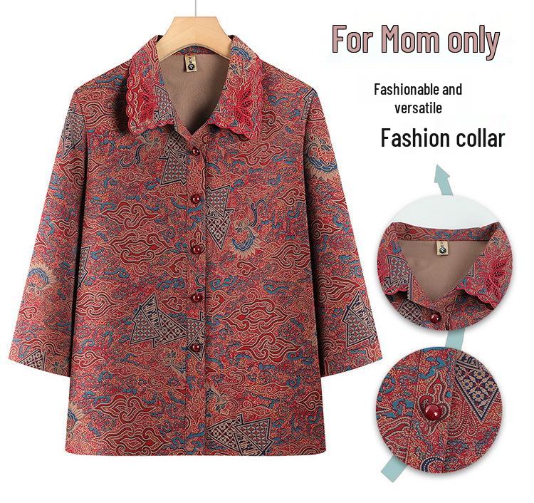 Women's Printed Lapel Nine-Sleeve Shirt Jacket - Spring/Fall Thin Cardigan for Middle-Aged & Elderly Women