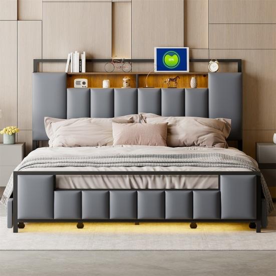 Upholstery Bed 160x200 Cm, Multifunctional Bed with LED Light, USB Socket, Drawers, Solid Iron Bed Frame, Youth Bed, Adult Bed, Double Bed, Synthetic
