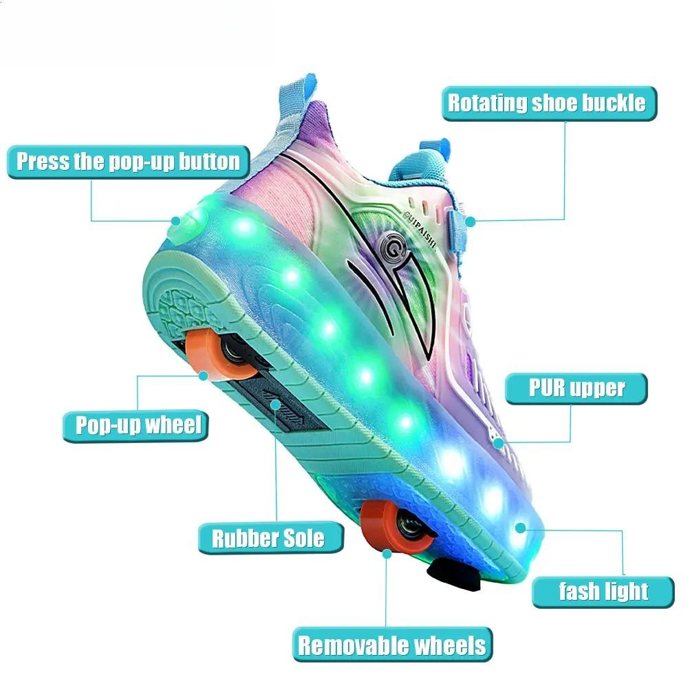 NEW Women 2-Wheel Roller Skates Girl's Sneakers with Wheels Retractable Dual-purpose Kids Speed Skating Sports Shoes with Brake
