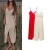 Spring New Arrival V-neck Lace Design Decorated Row Button Linen Blended Sling Midi Skirt Dress 7964709