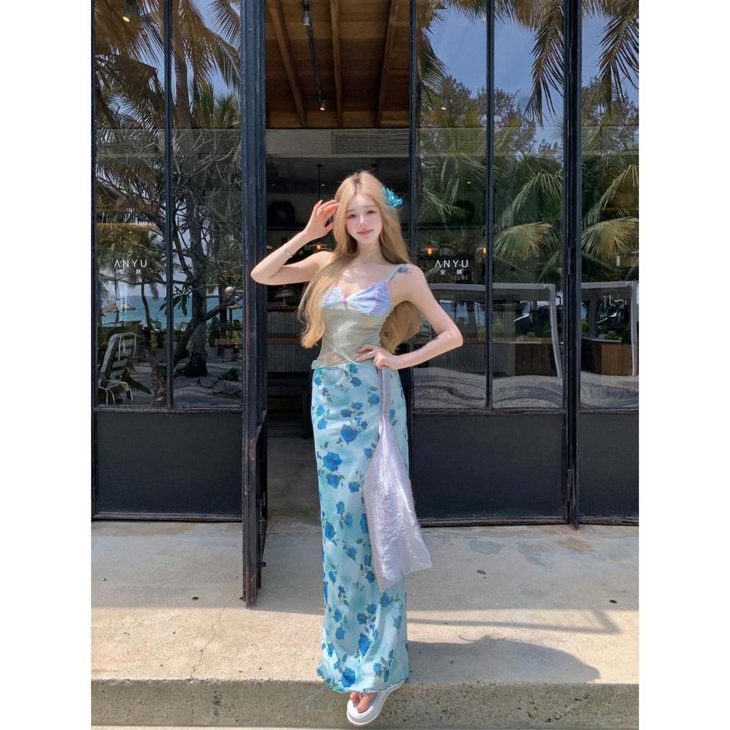 Mesh Patchwork Pure Desire 2025: Women's High-Waisted Floral Slimming Long Skirt for Summer Vacation Style