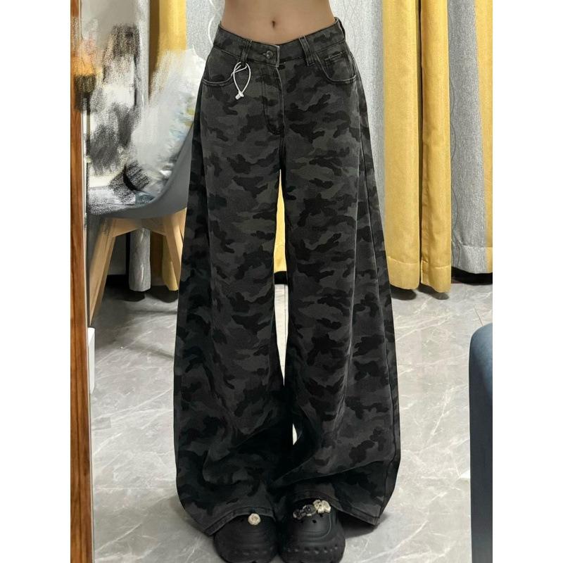 American Camouflage Jeans Women's High Waist Loose Straight Tooling Wide Leg Pants Tide Spring New