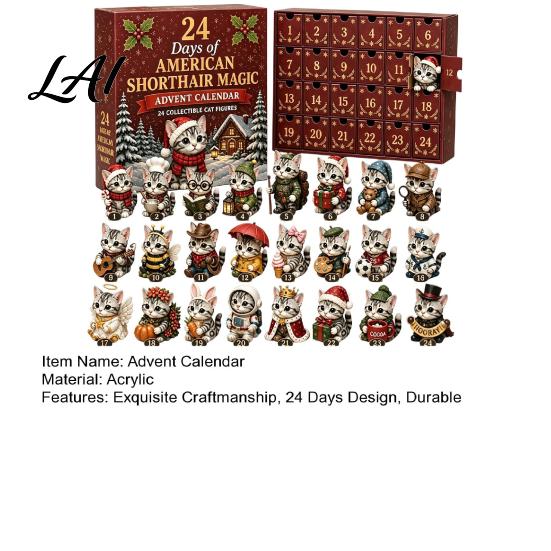 Desktop Decorative Advent Calendar Days Christmas Figurines 24 with Acrylic Cat Figurines, Countdown Small