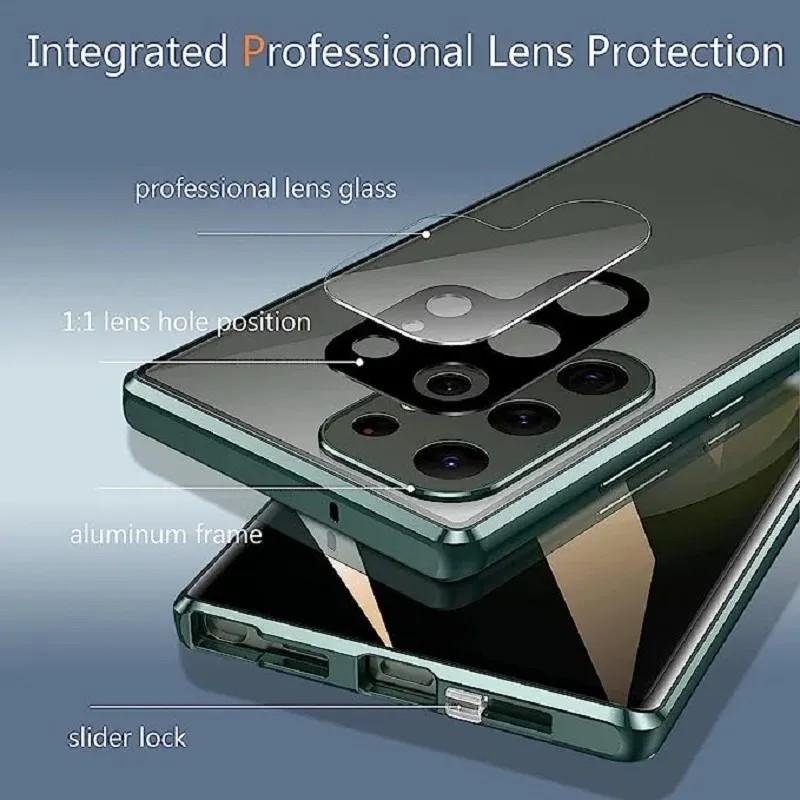 360 kovový rám, oboustranné skleněné, magnetické pouzdro Snap Lock pro Samsung Galaxy S24 S23 FE S22 Ultra S21 Plus Plná ochrana objektivu