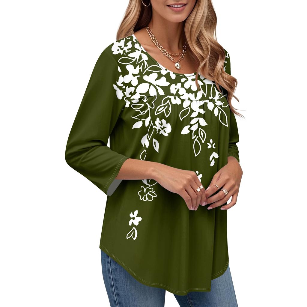Women's Fashion Seven Sleeve Top Round Neck Pleated Casual Printed Top