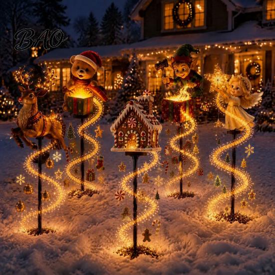 Decorative Light Stakes Solar Christmas Garden Stake Light, Cute Gingerbread House/Elf Boy/Bear Outdoor Waterproof Pathway Lighting for Yards