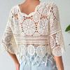Cover Up Tops Loose Fit Round Neck Three-Quarter Sleeve Crochet Hollow Fabric Beach Cover Up Bohemian Tassel Hem Shirt