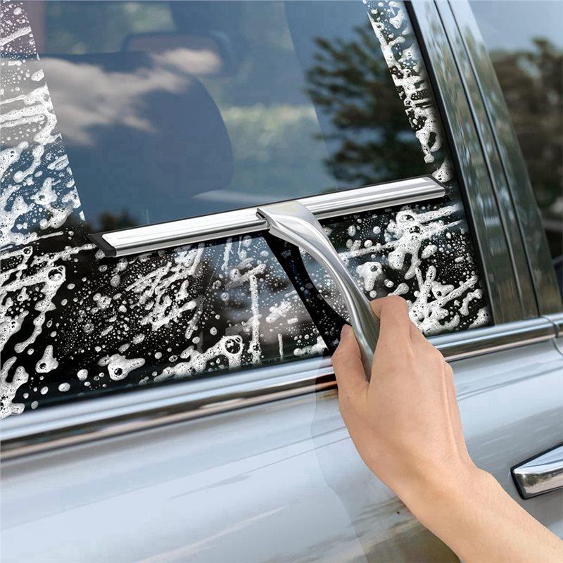 A25F-All-Purpose Stainless Steel Shower Squeegee For Glass Doors With 2 Adhesive Hooks, Streak Free Silicone Blade