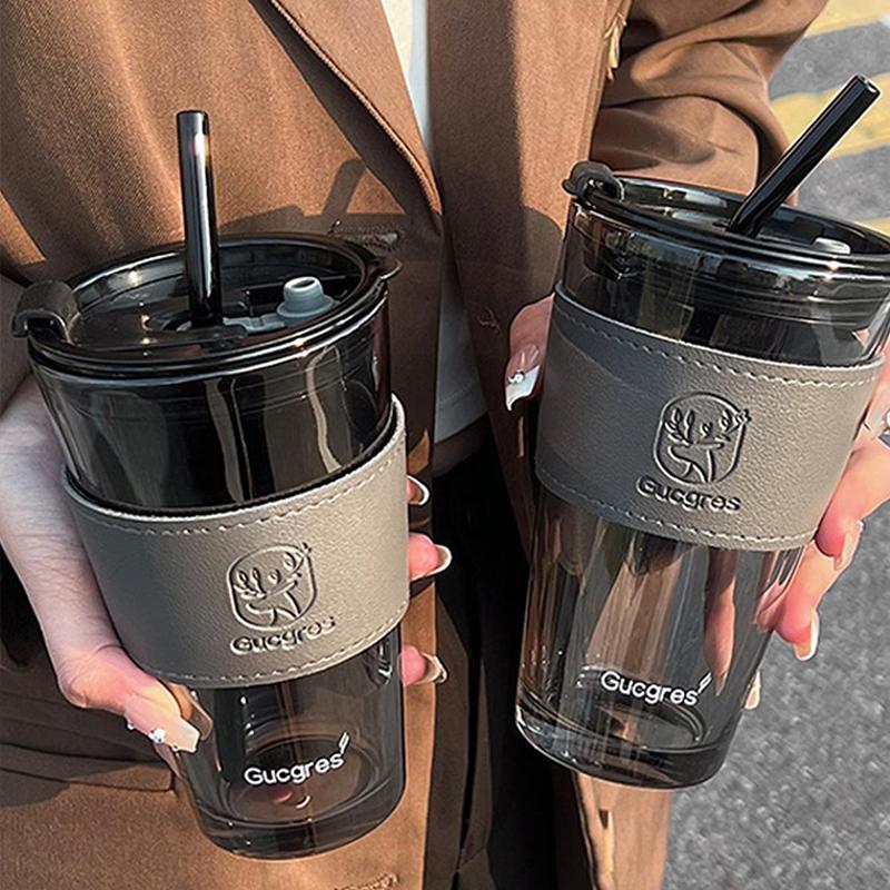 401ml-500ml High Beauty Wind Bamboo Glass Cup Summer Straw Large Capacity Women's Straw Cup