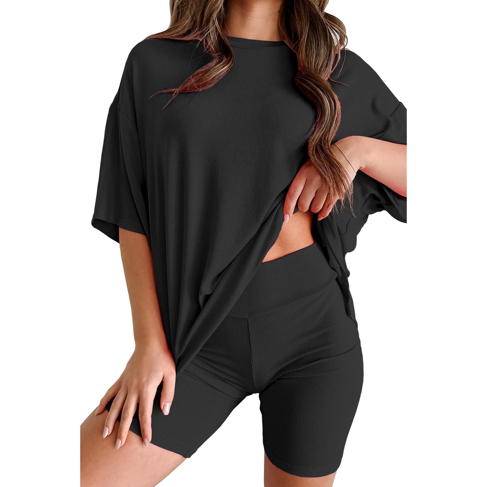 

Женский повседневный комплект из длинных брюк со средним рукавом и круглым вырезом S чёрный