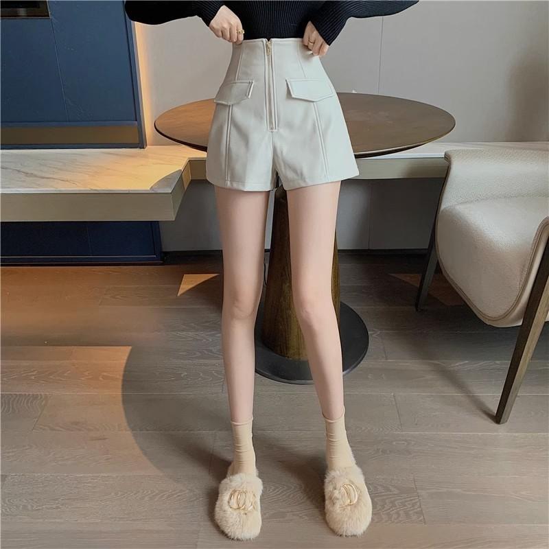 Women's Fall Spring Outer Wear High Waisted Slimming PU Leather Shorts Fashion Versatile Zipper A-Line Wide Leg Pants Mini Shorts