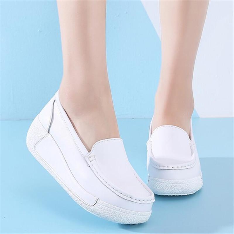 Fashion New Fashion Casual Women's Shoes Flat Genuine Leather White Nurse Shoes Women Platform Wedges Shoes