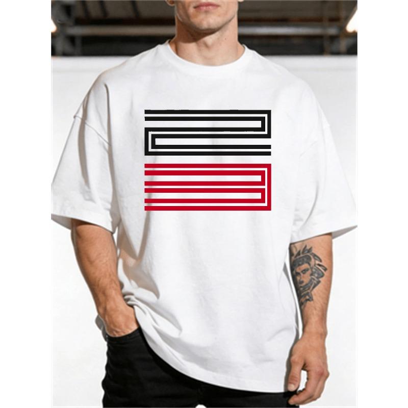 European sizes Men'S White Round Neck T-Shirt Featuring a Geometric Pattern, with a White Upper Part Adorned with Zigzag Lines
