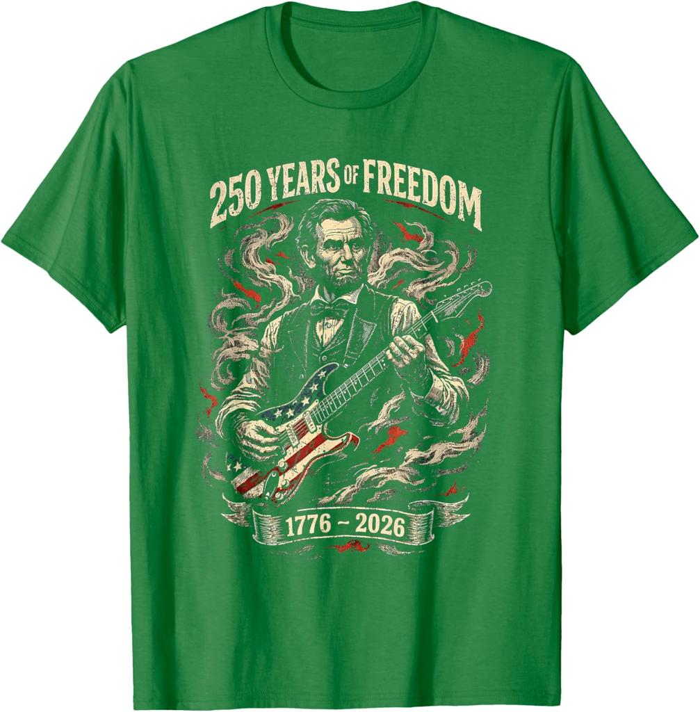 250 Years of Freedom 1776 2026 Lincoln Playing Guitar Retro Unisex T-Shirt 3