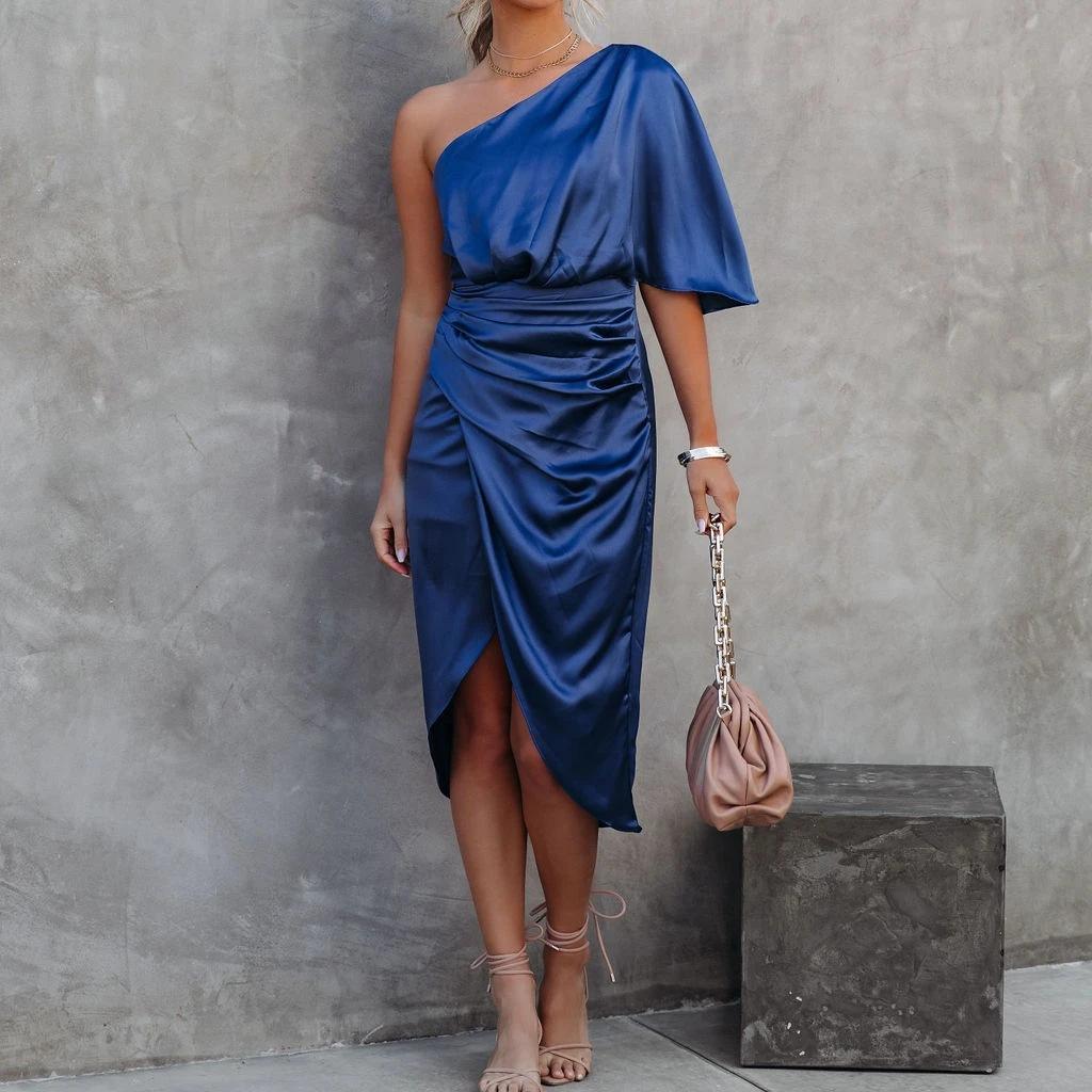 

DAFIFY Женские модные весенне-осенние однотонные повседневные платья с длинным рукавом и высокой талией с принтом XL темно-синий