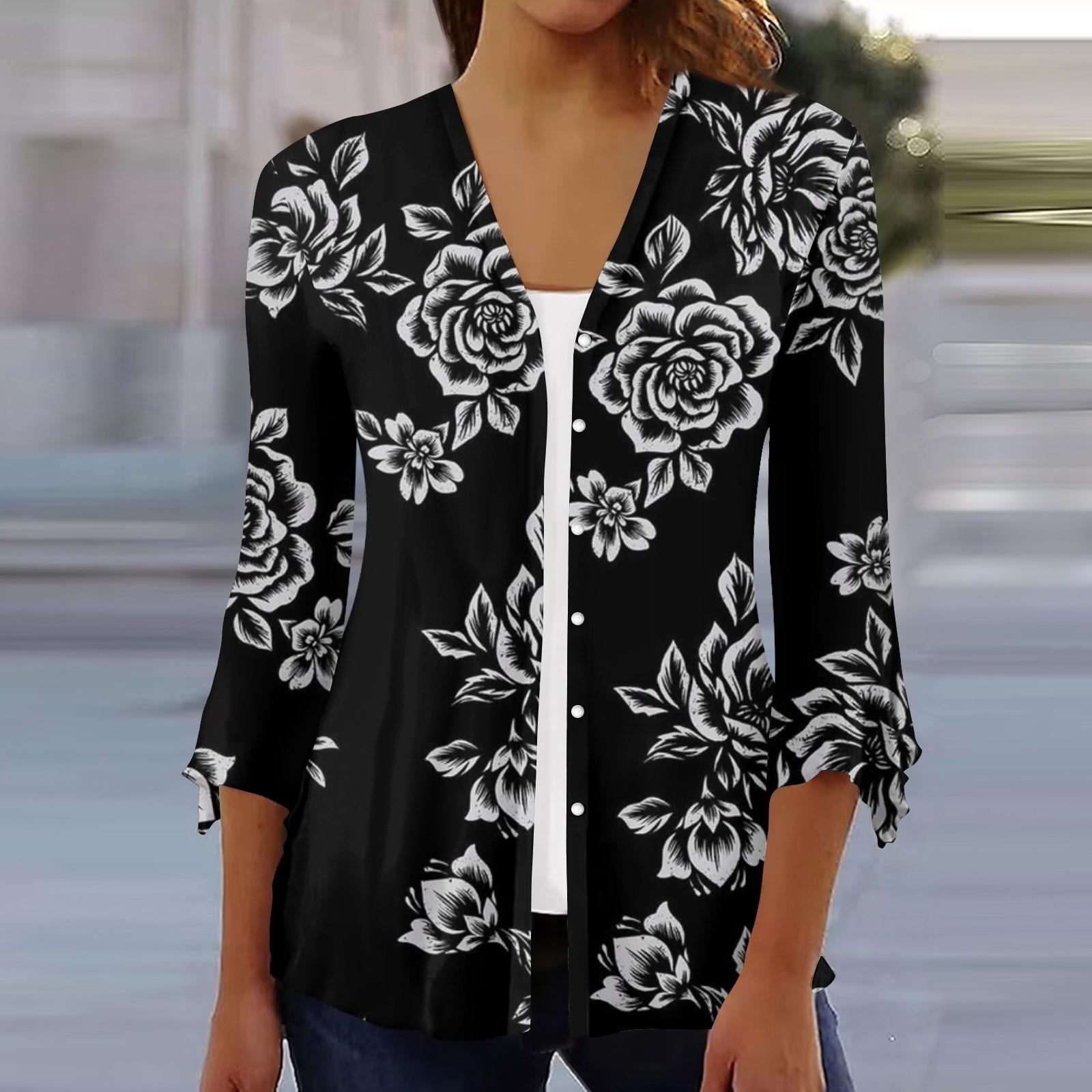 

Женский свободный повседневный кардиган с рукавами три четверти с принтом и расклешенными рукавами на пуговицах M чёрный