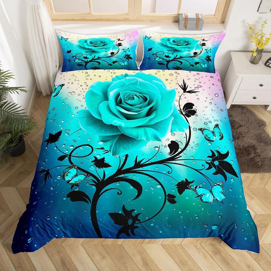 Rose Duvet Cover Twin King For Boys Girls Valentine's Day Gift Romantic Floral Bedding Set Water Flower Blossom Comforter Cover