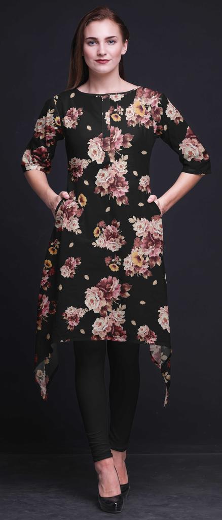 Bimba Black Blocks Block Women Kurtas Ethnic Printed Asymmetric Summer Wear Tops For Women