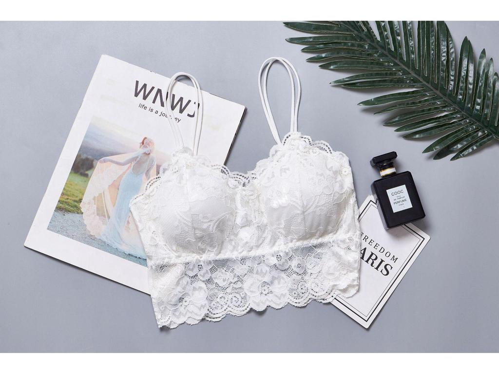 Damski koronkowy biustonosz bandeau plus size z wkładkami i ramiączkami spaghetti - Bezramiączkowa koszulka camisole na piękne plecy