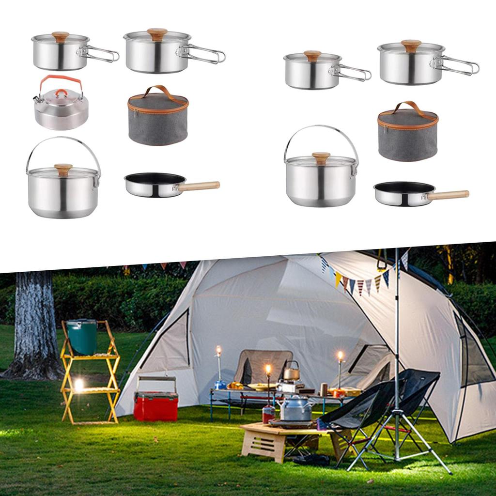 6 Pieces Camp Cookware Camping Mess Kit Portable Cooking Pot Pan Stainless Steel Frying