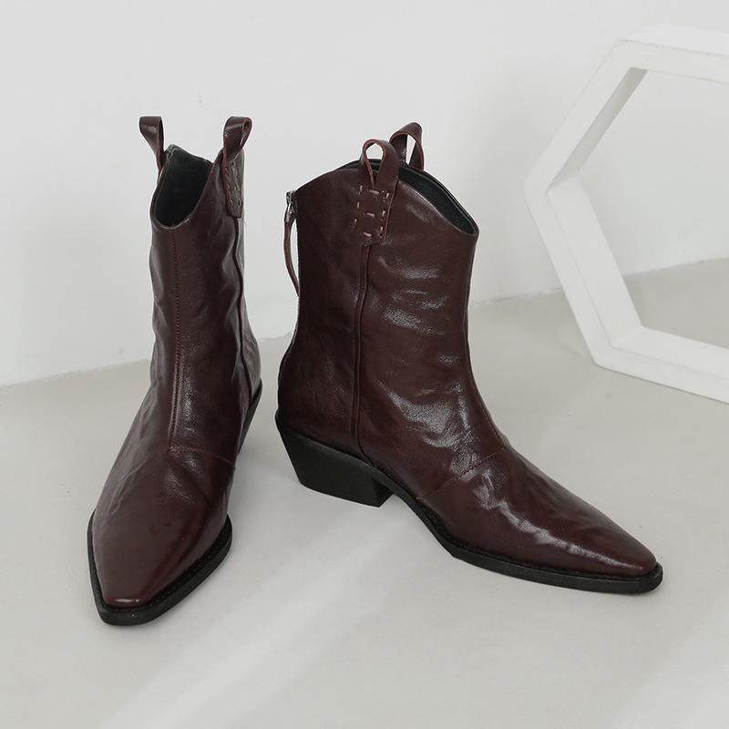 Pointed short boots women's leather thick heel middle heel ankle boots retro v-mouth boots versatile niche thin western cowboy boots