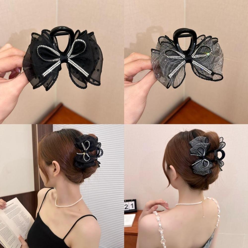 New Crystal Diamond Bow Hair Claw Clip Elegant Korean Rhinestone Shark Clip Hairpin Hair Clamp Hair Accessory for Women Pan Hair