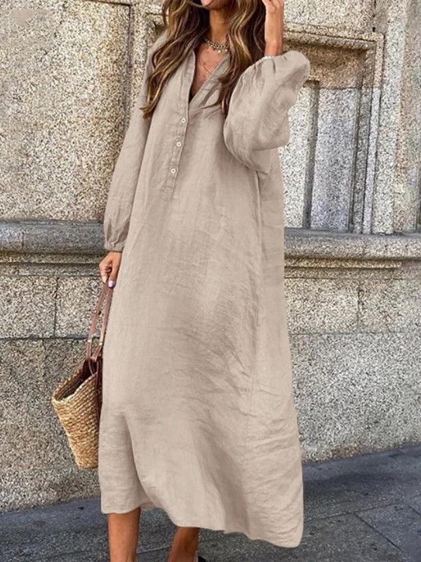 Versatile V-Neck Midi Dress: Cotton Linen, Long-Sleeve, Plus Size, Loose Fit