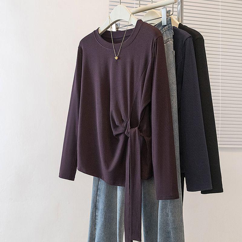 

Women s Plus Size Long Sleeve Drawstring Lace-up T-shirt - Versatile Slimming Top for Spring & Autumn S (Recommended 30-40kg) темно-фіолетовий колір
