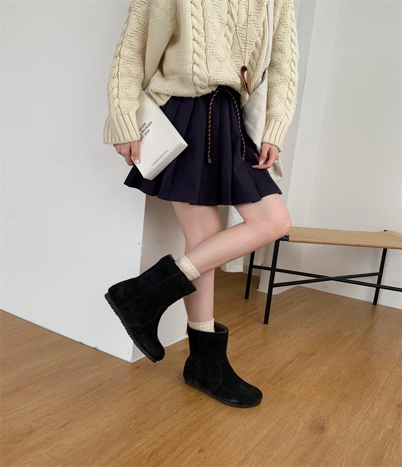 Snow cotton boots women's big head ugly cute bread shoes lapel two wear Boken shoes matte leather retro velvet flat boots