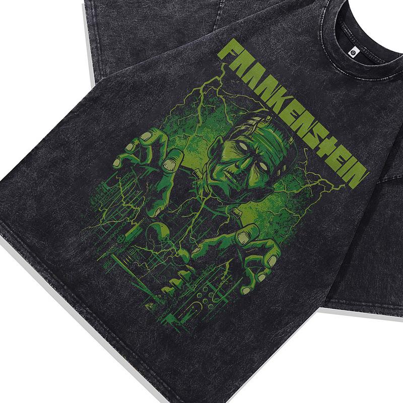 Rock Skull Direct Injection Printing Retro Washing Short Sleeve T-Shirt Loose Couple Bottom Shirt Men