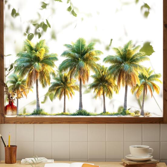 Fake Window Wall Sticker Summer Beach Ocean Coconut Tree Landscape Decal Stick And Peel Natural Seascape Scene Mural
