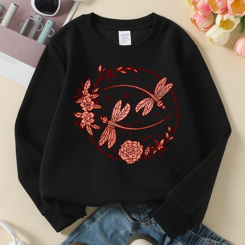 Kids Crewneck Sweatshirt, Dragonfly Floral Wreath Print, Soft Casual Pullover for Fall Winter
